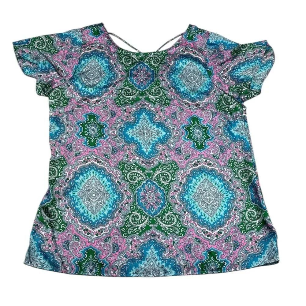 Talbots Blouse Paisley Colorful Criss Cross Back Lightweight Top Short Sleeve PM